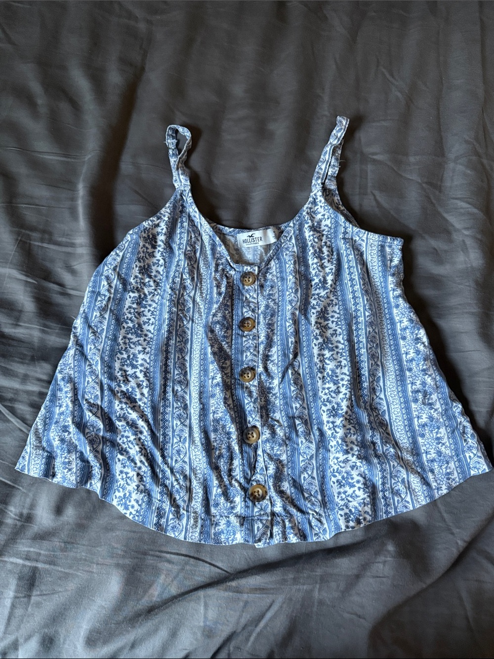 Hollister Blue and White Paisley-Print Button Tank